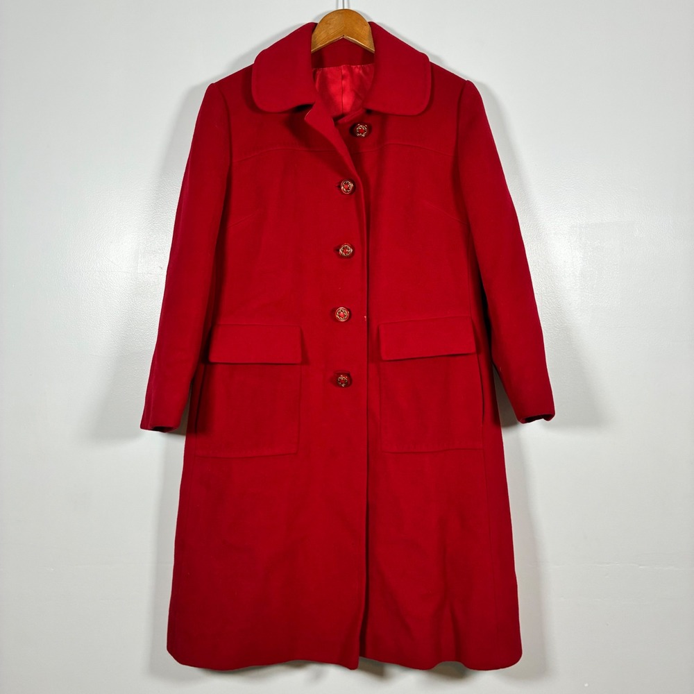 Vtg Overcoat Red Wool Blend Mod 60s Style Peter Pan Collar Pockets